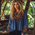 Vintage Embroidered V-neck Linen Blend T-shirt elevenforest