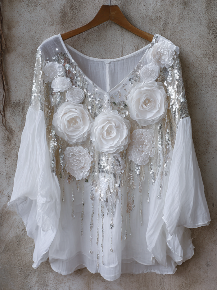 Bohemian Style Woman's V-neck White Rose Short-sleeved Shirt elevenforest