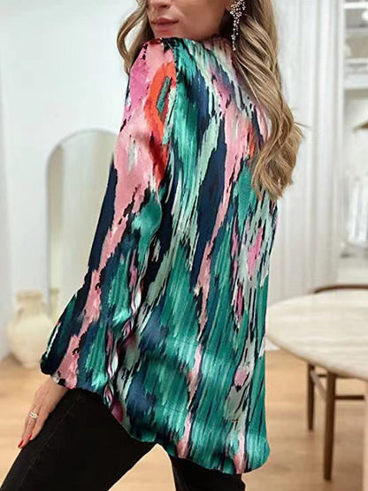 Long Sleeves Loose Printed V-neck Blouses&shirts Tops