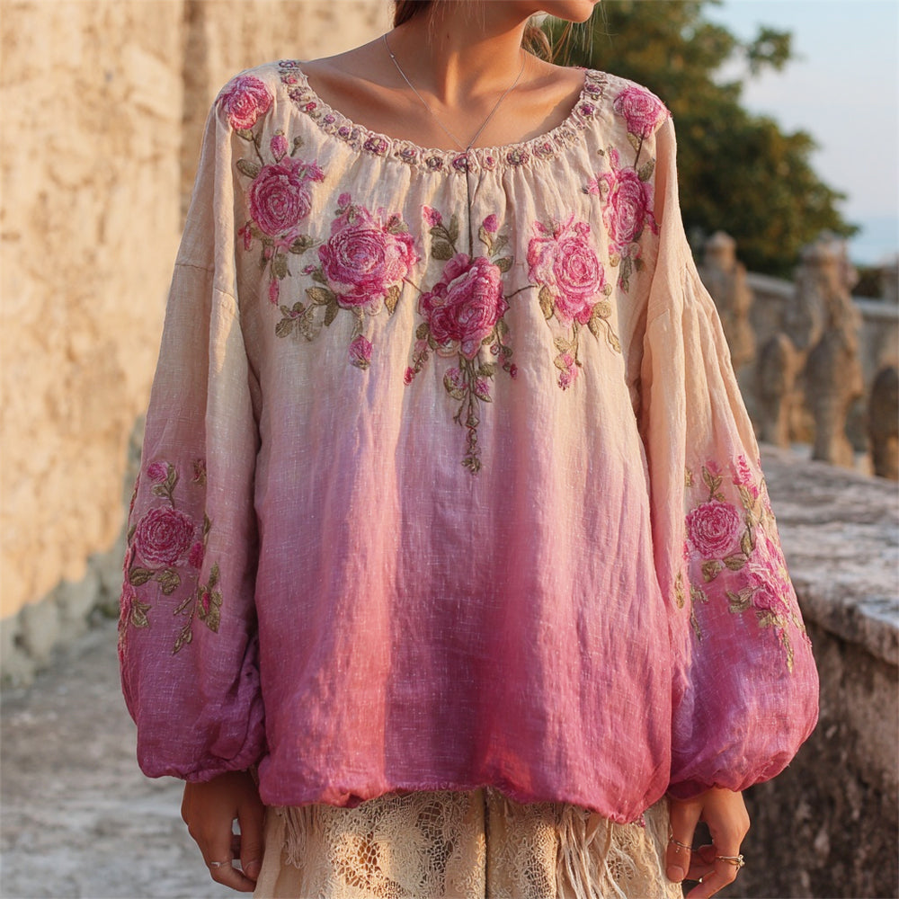 Vintage Boho Floral Embroidery Women's Linen Loose Shirt elevenforest