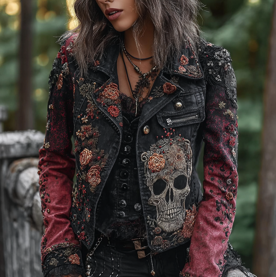 A Retro Women's Black-pink Gradient Denim Jacket With Gothic Skull And Floral Elements Design For Halloween. elevenforest