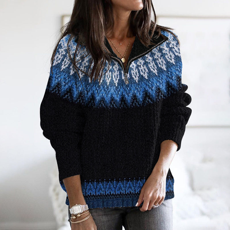 Vintage Tribal Icelandic Pattern Stand Collar Zip Sweater elevenforest