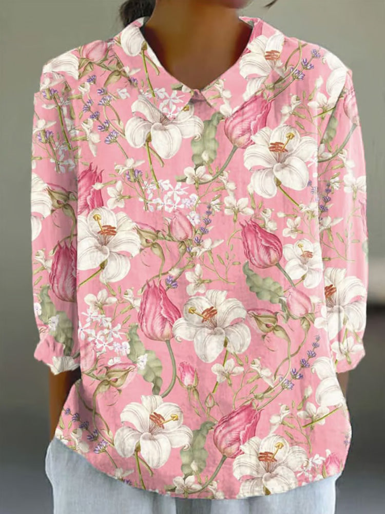 Women's Casual Long Sleeve Cotton And Linen Daisy Shirt elevenforest