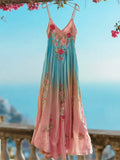 Boho Vintage Sequin Floral Gradient Embroidery Women's Spaghetti Strap V-neck Maxi Dress elevenforest