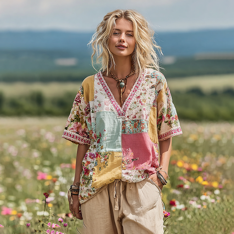Women's Vintage Floral Art  V-neck T-shirt elevenforest