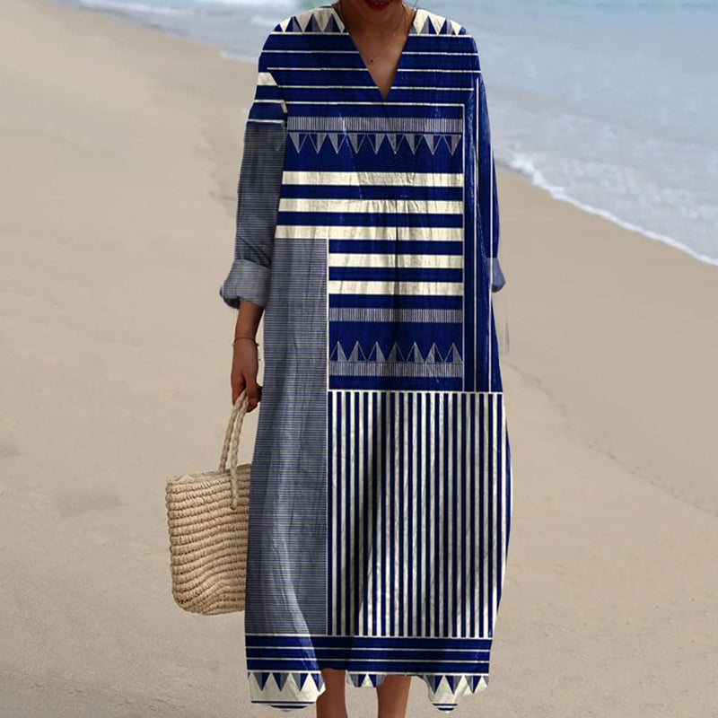 Women's Vintage Geometric Line Art Print Cotton Dress elevenforest