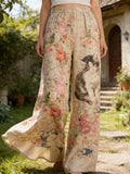Vintage Boho Floral Cat Pattern Women's Linen Trousers elevenforest