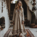 Vintage Traditional Embroidery Art Linen Maxi Long Dress elevenforest