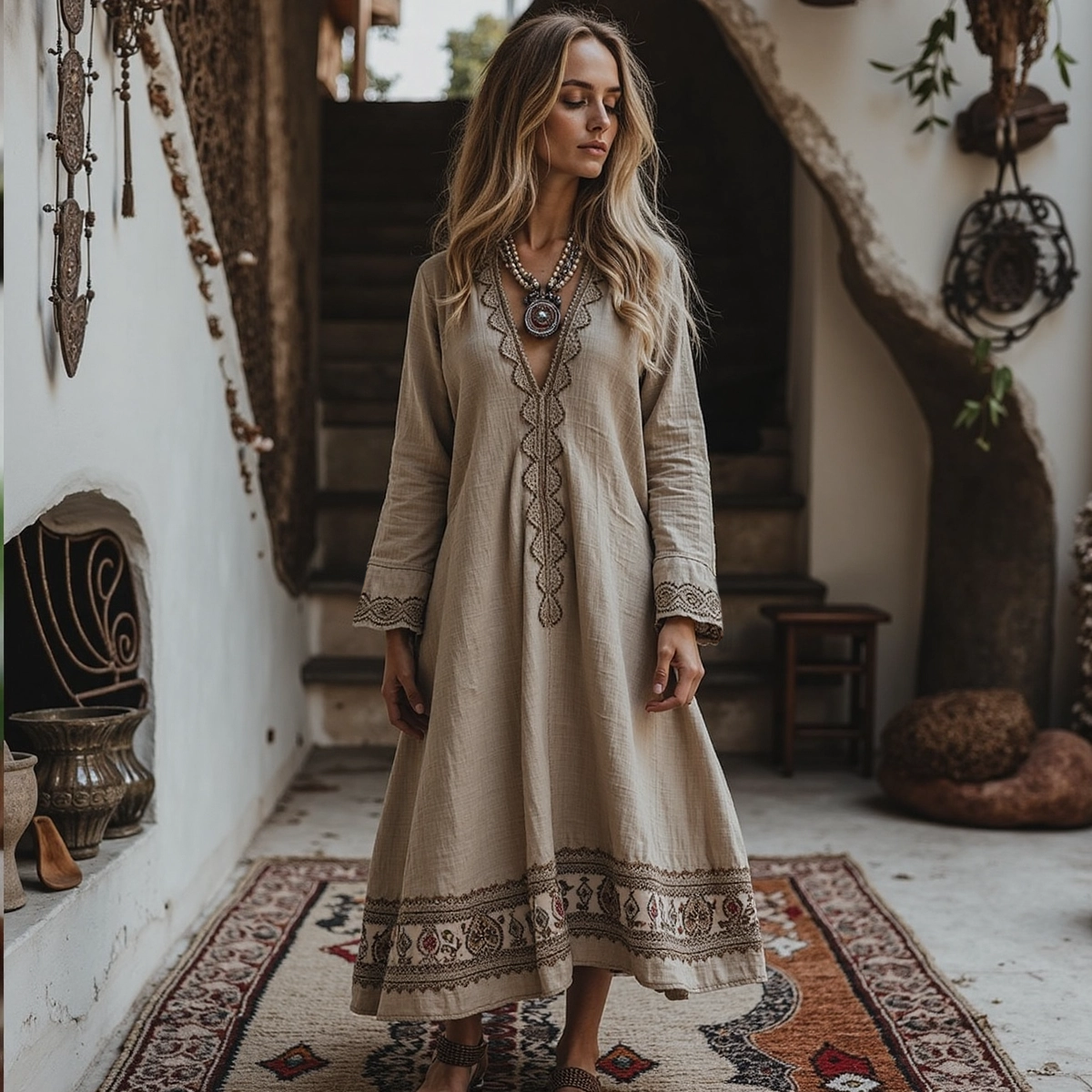Vintage Traditional Embroidery Art Linen Maxi Long Dress elevenforest