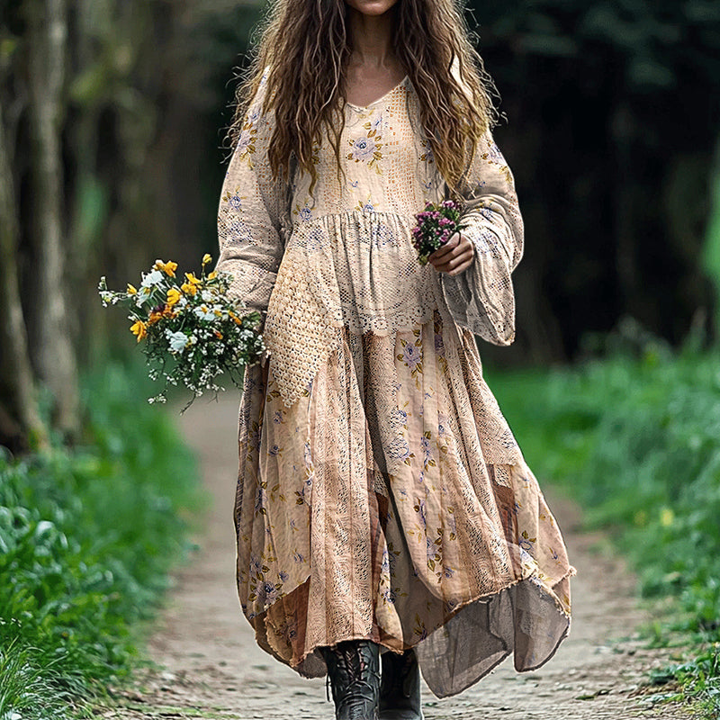 Women's Floral Lace Panel Linen V-neck Dress elevenforest