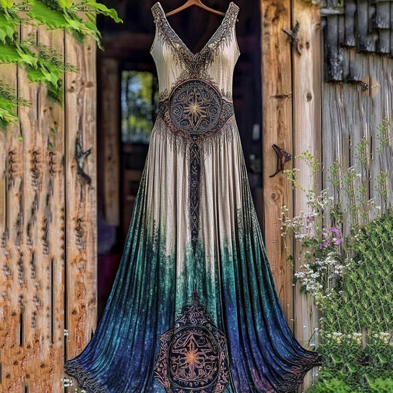 Women's Celtic Gradient Pattern Linen V Neck Sleeveless Maxi Dress elevenforest