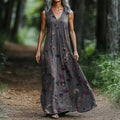 Women's Art Floral Vintage Print V Neck Tank Dress elevenforest