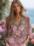 Ladies' Romantic Rose Embroidery Casual Vintage Long-sleeved Top elevenforest