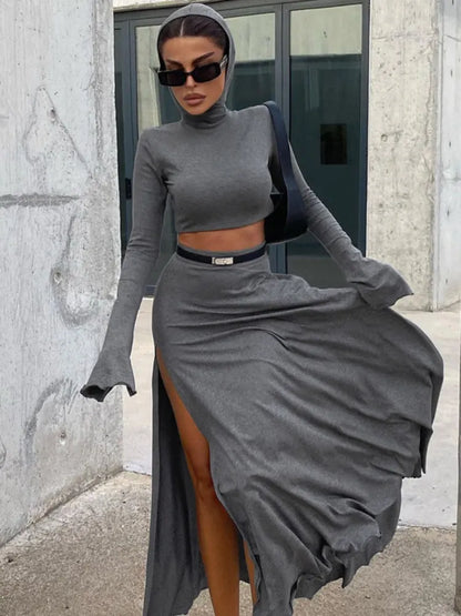 Taruxy Loose Side Slit Skirt Two Piece Sets Outfits Dress Sets Short Long Sleeve Hoodies and Skirts Suit Femme