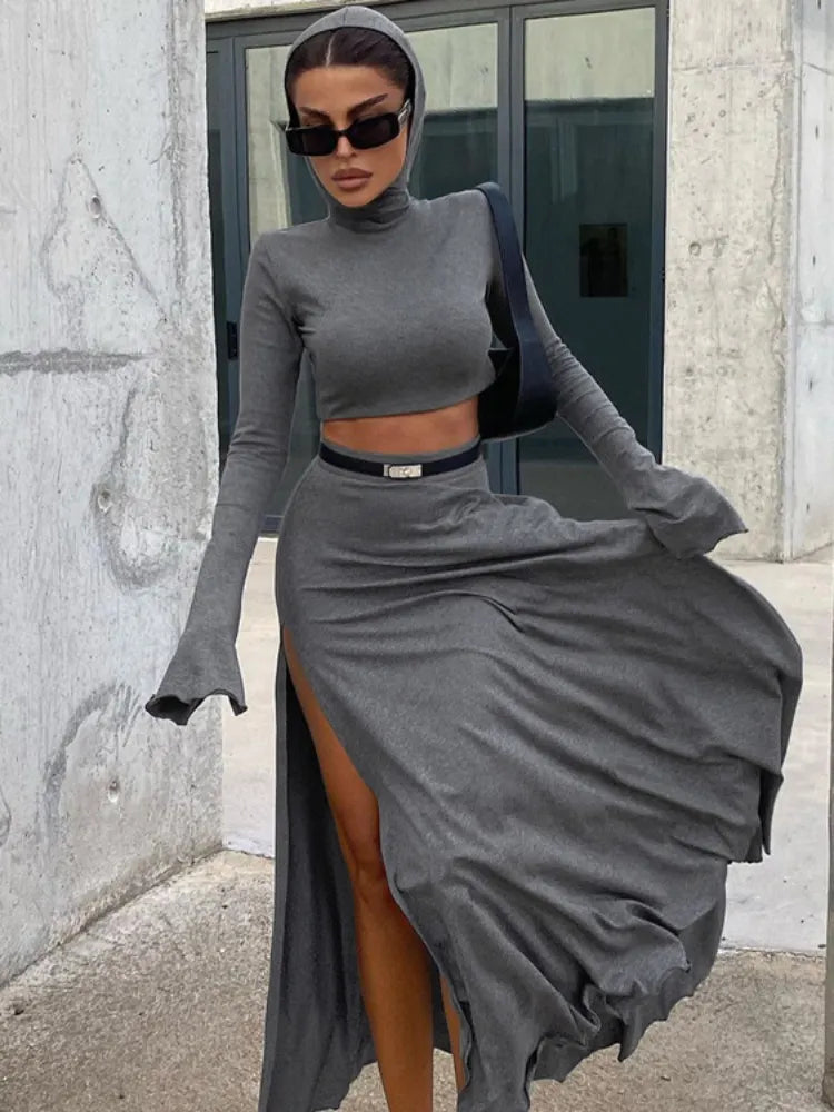 Taruxy Loose Side Slit Skirt Two Piece Sets Outfits Dress Sets Short Long Sleeve Hoodies and Skirts Suit Femme