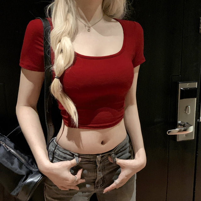’s O-neck Backless T-shirt Short Sleeve Color Crop Top Summer Baby Tee Y2k Clothes Skinny Tunics Tops