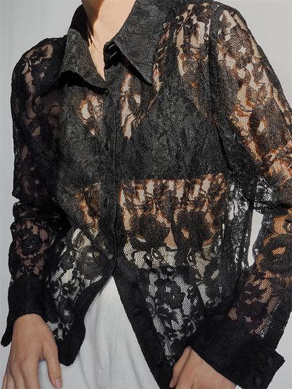 Tossy Lace Printed See-through Shirts for Lapel Hollow Out Long Sleeve Patchwork Cardigan ’s Loose Shirts Summer