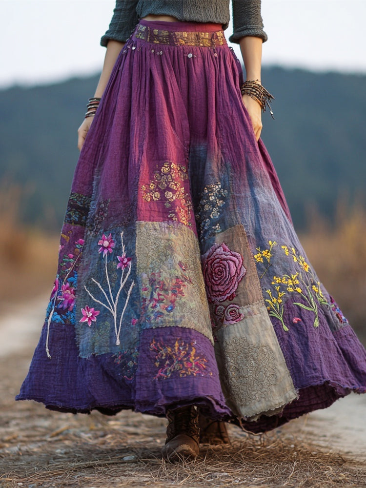 Boho Floral Embroidery Patchwork Vintage Art Women's Linen Flowy Maxi Dress elevenforest