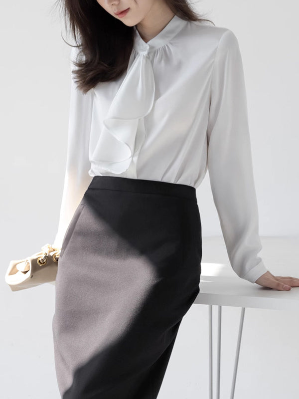 Long Sleeves Loose Buttoned Pleated Ribbon Color Mock Neck Blouses&shirts Tops