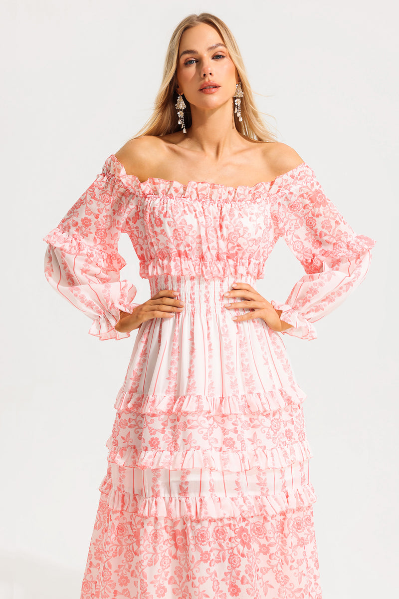 Print Frill Off-shoulder Midi Dress