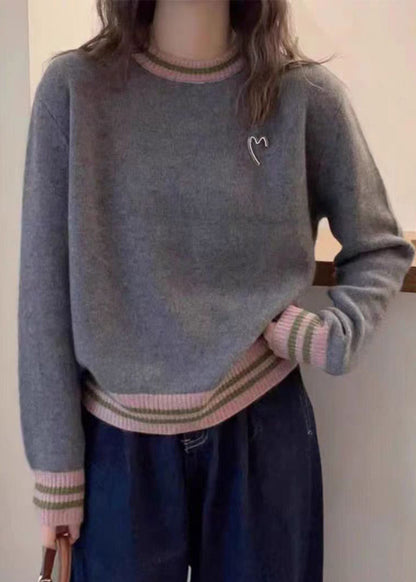 Natural Grey Patchwork Graphic Brooch Cotton Knit Sweater Spring