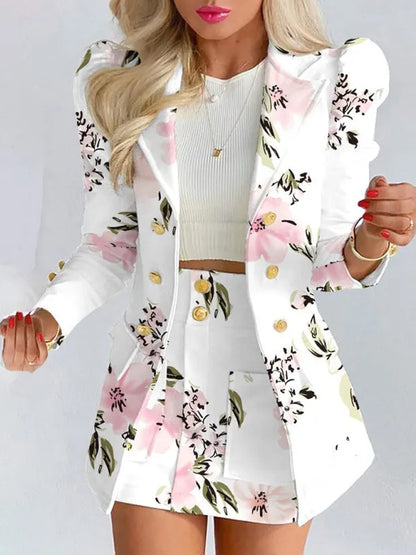 Printed Princess Sleeve Commuter Slim Skirt Suit New Style