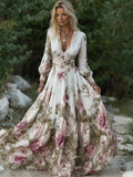 Classy Vintage Roses Print V Neck Flowy Maxi Dress elevenforest