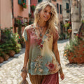 The Ice Cream Collection Women's Classic Bohemian Floral And Rose Gradient Linen Short Sleeve Shirt elevenforest