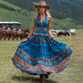 Women's Vintage Western Print V-neck Sleeveless Maxi Dress elevenforest