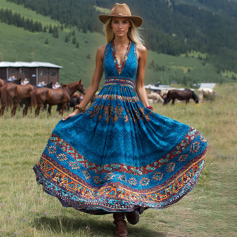 Women's Vintage Western Print V-neck Sleeveless Maxi Dress elevenforest