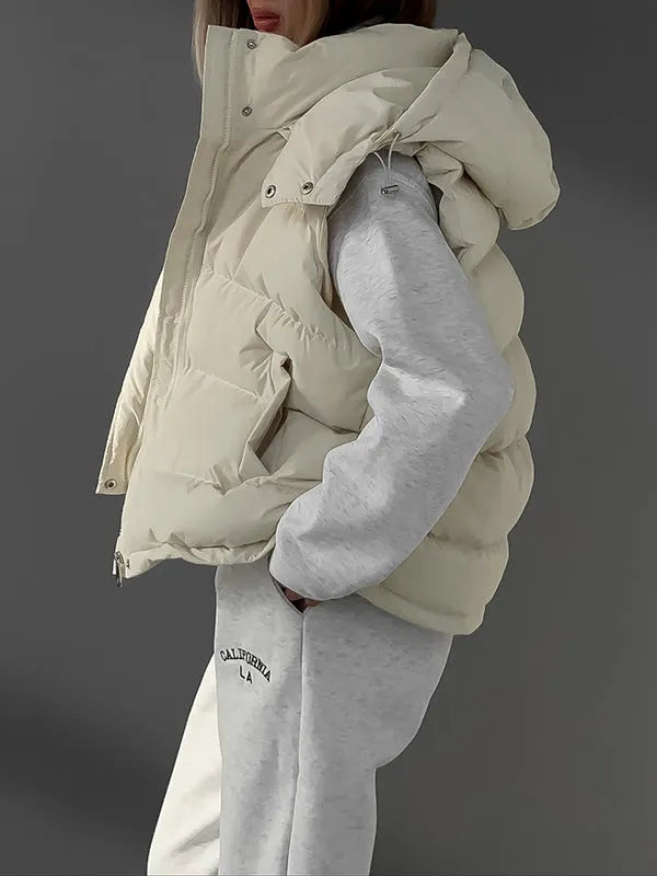 Loose Sleeveless Drawstring Split-joint Zipper Hooded Padded Vest