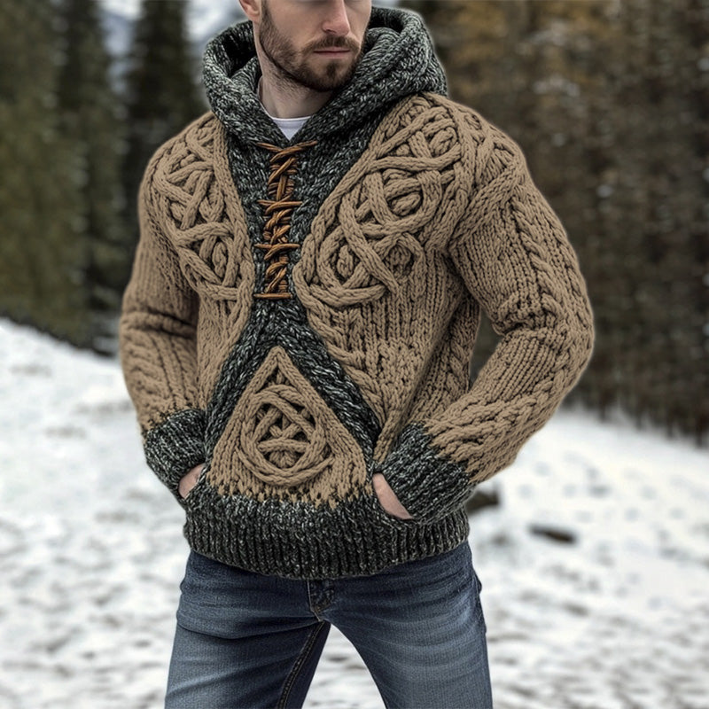 Vintage Celtic Knot Coarse Knit Men's Hooded Sweater elevenforest