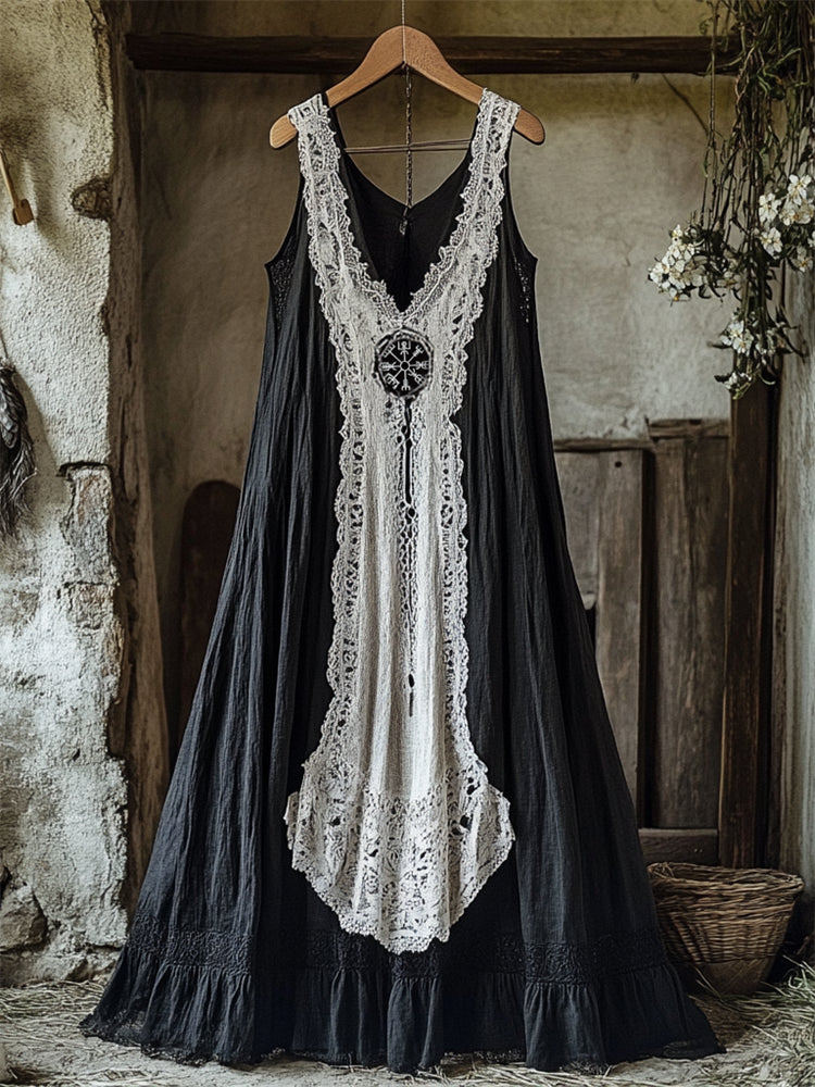 Viking Vegvisir Embroidered Lace Contrast Linen Tank Dress elevenforest