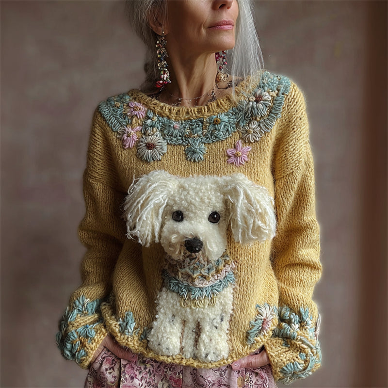 Comstylish Vintage Fuzzy Dog Boho Floral Embroidered Cozy Knit Sweater