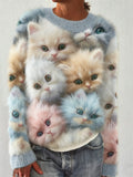 Comstylish Colorful Fuzzy Cats Art Cozy Knit Sweater