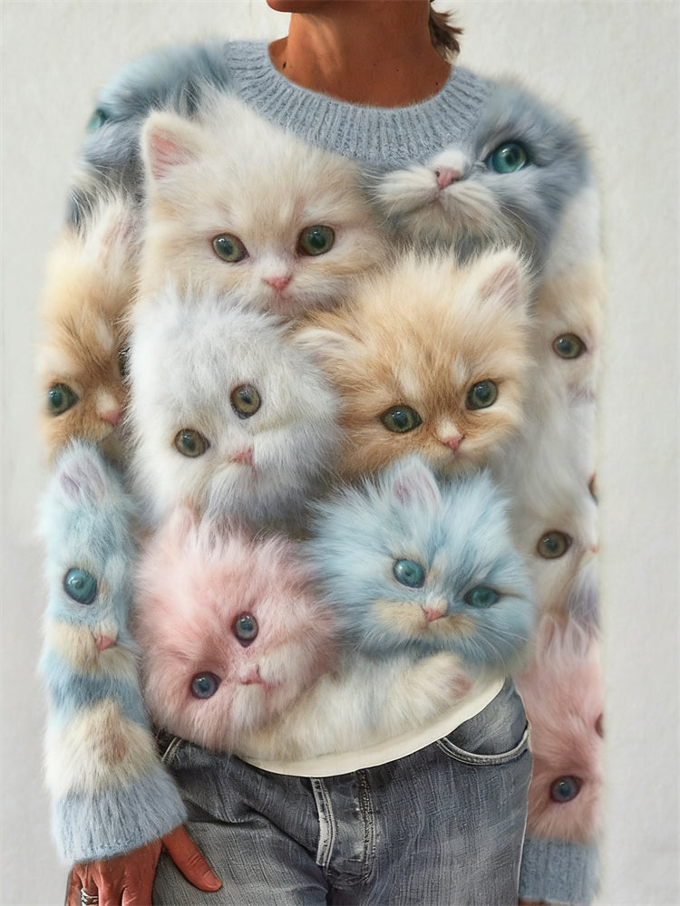 Comstylish Colorful Fuzzy Cats Art Cozy Knit Sweater