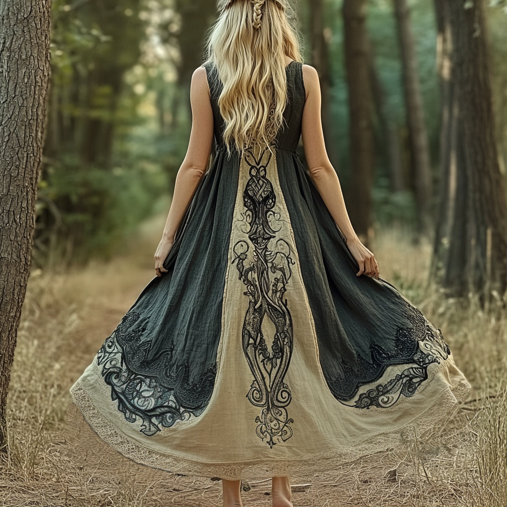 Womens Viking Celtic Knot Rune Art Linen Sleeveless Dress elevenforest