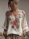 Bohemian Style V-neck Butterfly And Flower Embroidery Cotton And Linen Top elevenforest