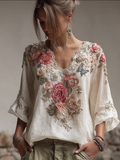 Bohemian Style V-neck Butterfly And Flower Embroidery Cotton And Linen Top elevenforest