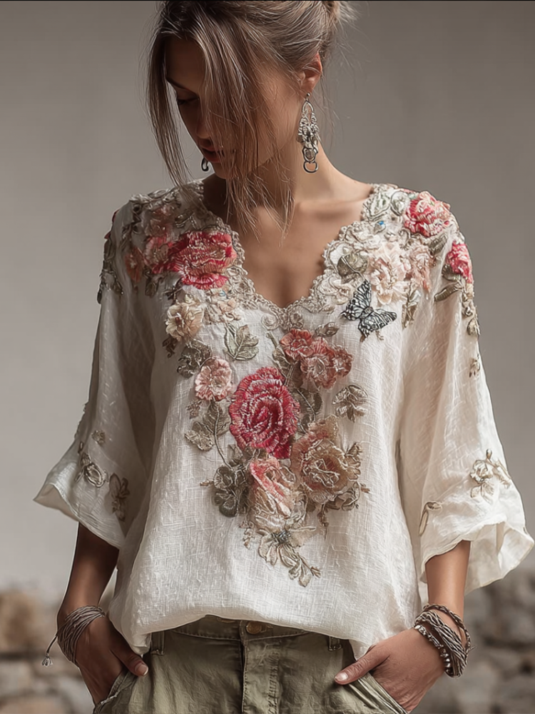 Bohemian Style V-neck Butterfly And Flower Embroidery Cotton And Linen Top elevenforest