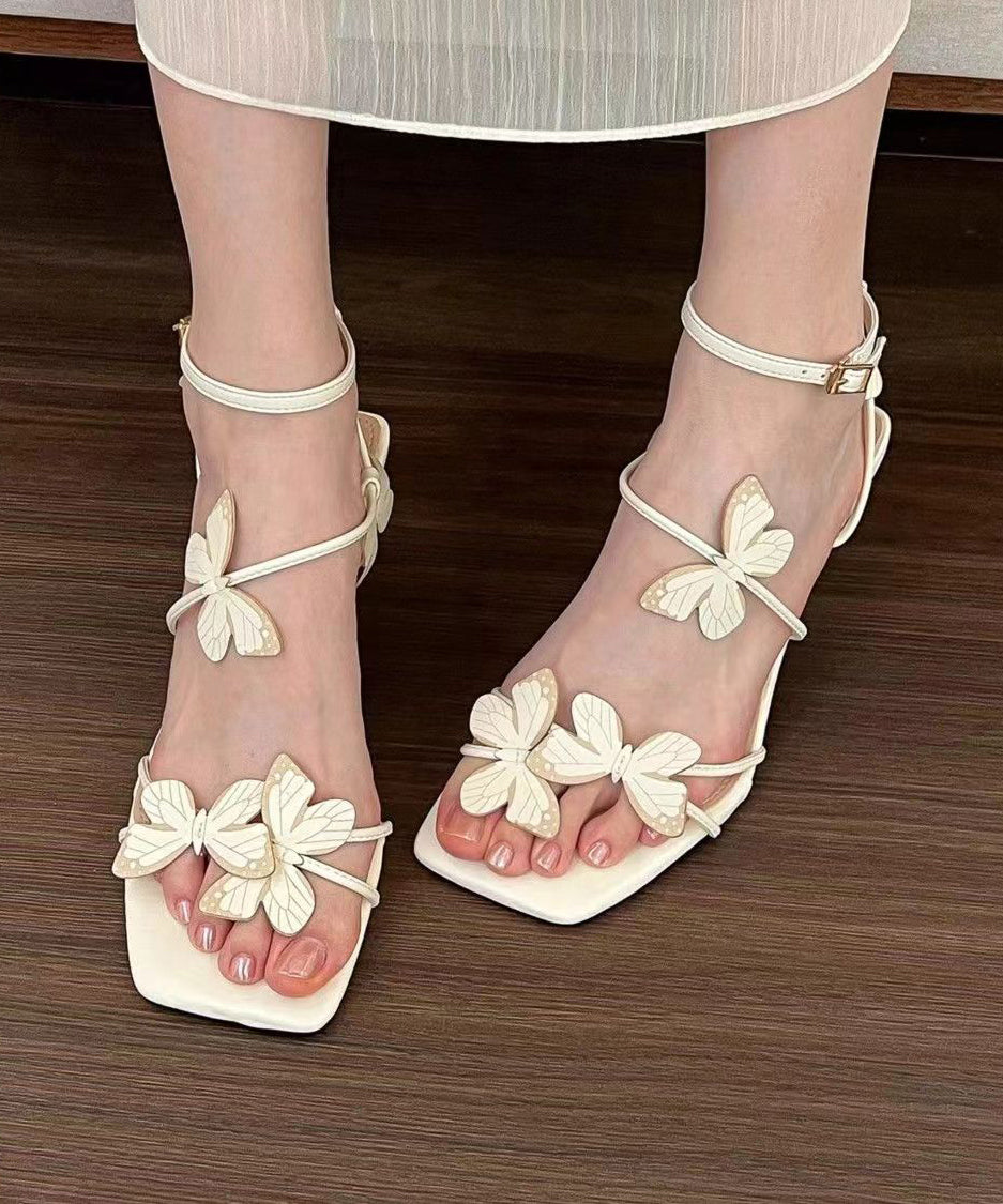 French White Butterfly Splicing Buckle Strap Stiletto Sandals Peep Toe Oi072