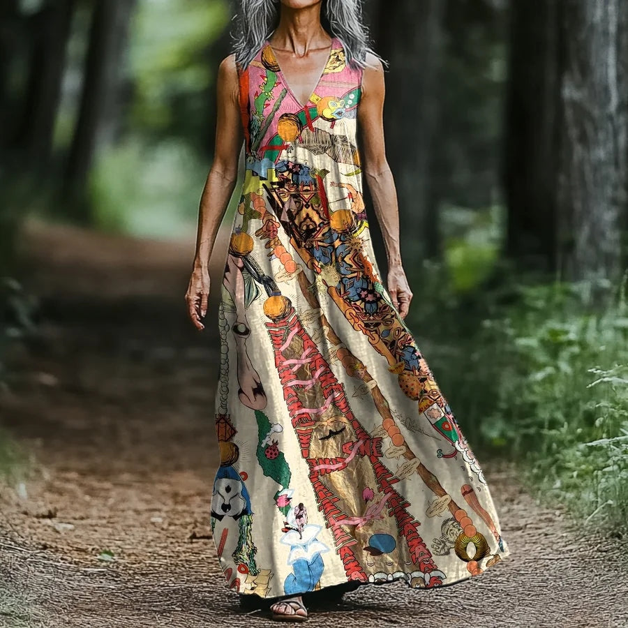 Women's Funny Art Print V-neck Tank Midi Dress elevenforest