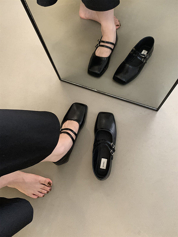 Belt Buckle Shallow Cut Split-joint Square-toe Flats Mary Janes