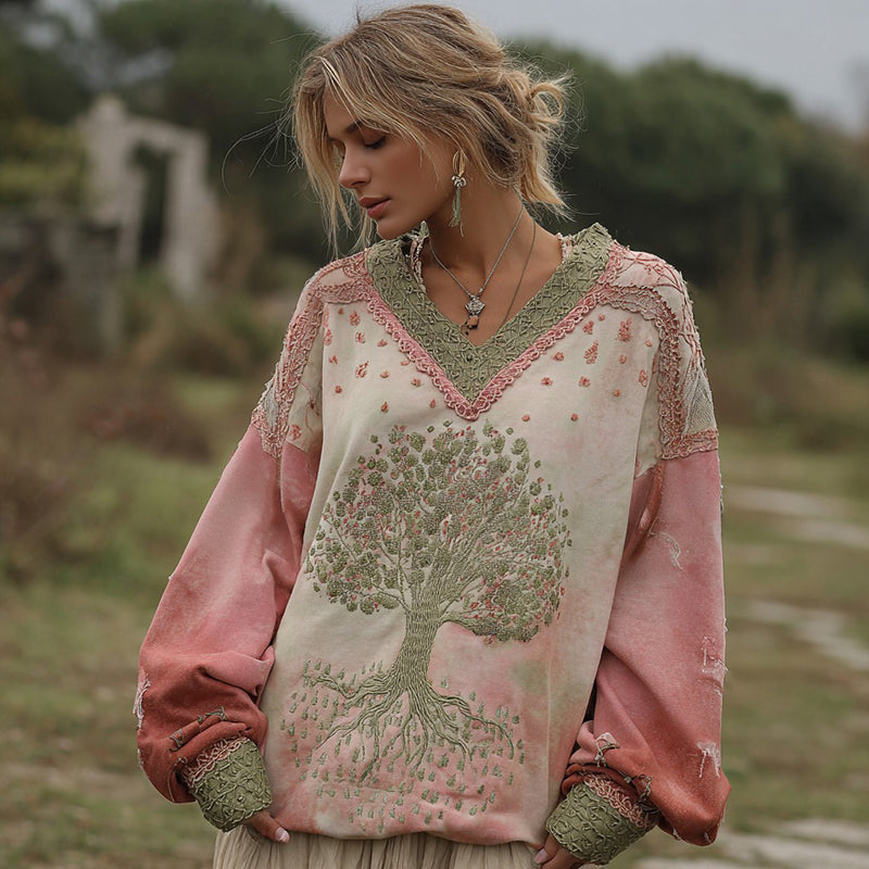 Women's Retro Viking Tree Of Life Stitching Warm V-neck Sweatshirt elevenforest