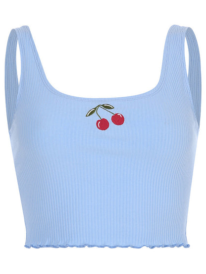 Cotton Ribbed Cherry Embroidery Tank Top Sweet Cropped Sleeveless Summer Top Vest New Crop Tops Clothing