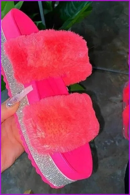 Bling Slide Sandals Plush Slippers Furry Slides F1194