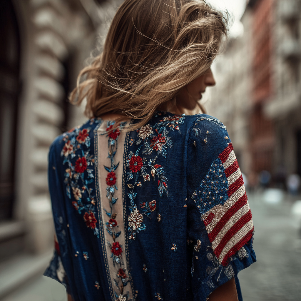 Women's Vintage Floral And Flag Embroidered V-neck T-shirt elevenforest