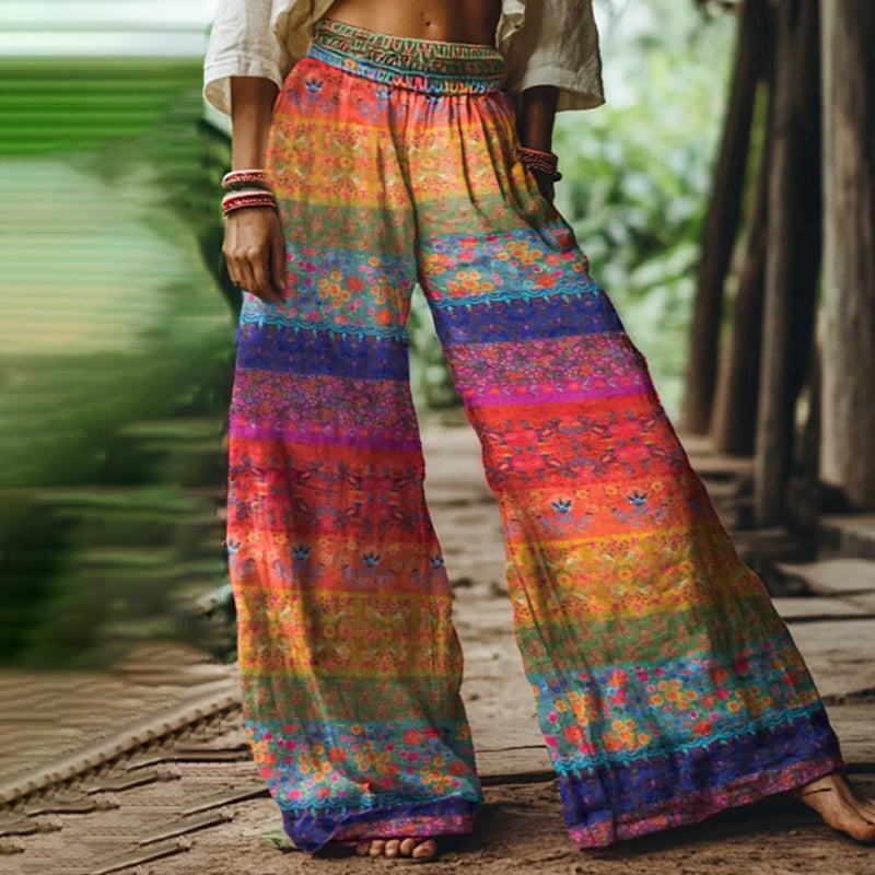 Holiday Rainbow Floral Print Loose Linen Blend Pants elevenforest