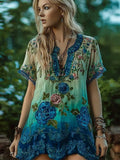 Blue Sequin Lace Floral Boho Art Women's V-neck Short Sleeve Long Shirt elevenforest