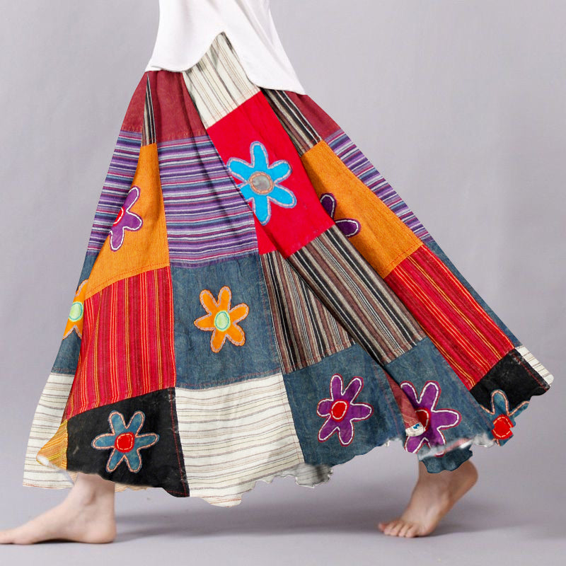 Vintage Bohemian Floral Geometric Patchwork Linen Skirt elevenforest